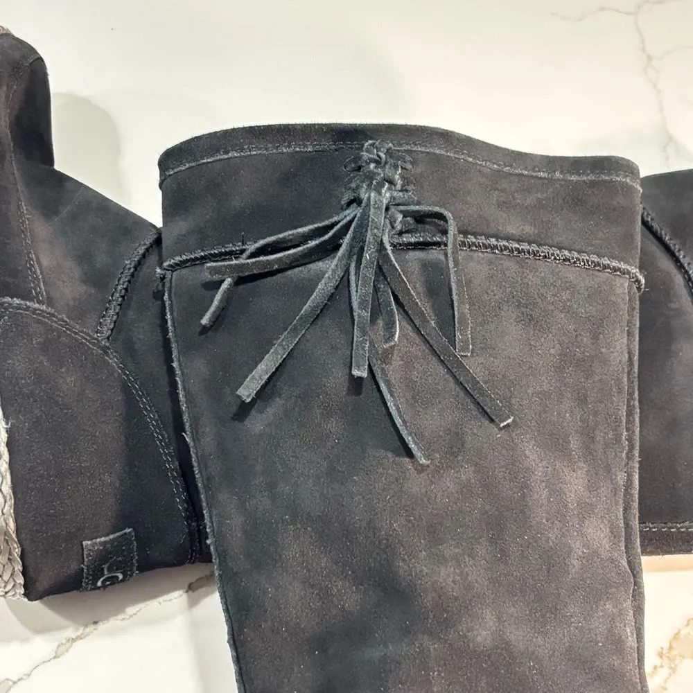 UGG Emerie Women’s Black Leather Suede Tall Moccasin Boots Zipper Tassels 10